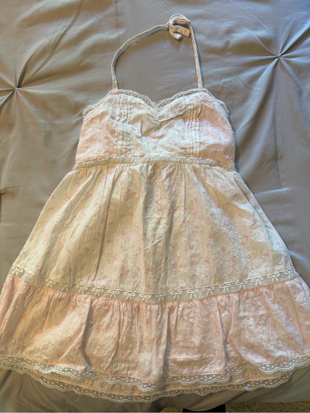 LoveShackFancy Pale Pink Floral Halter Sundress with Lace Trim